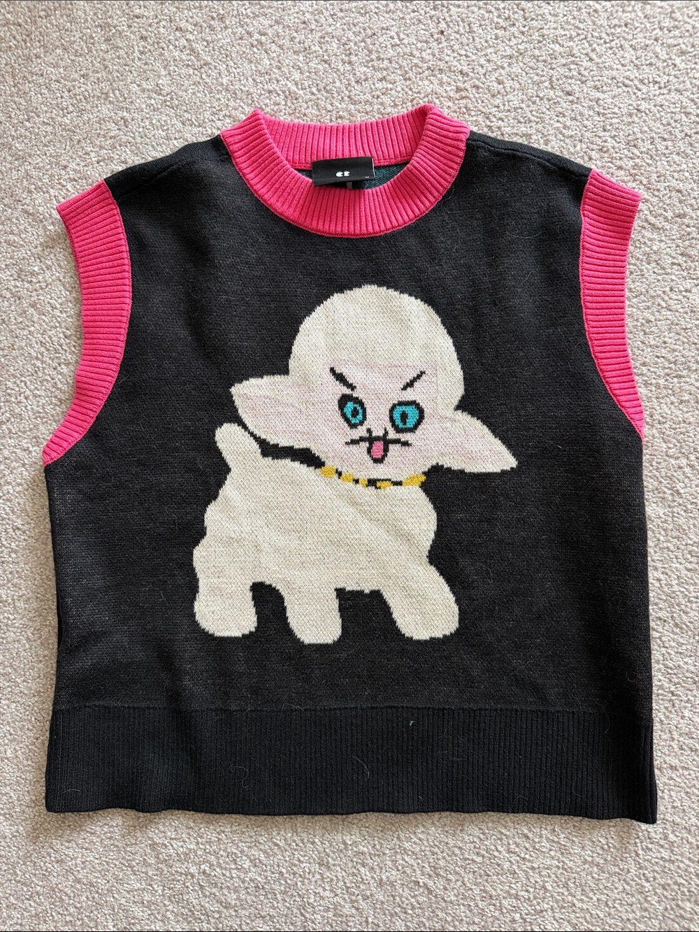 LAZY OAF Black Knit Sleeveless Sweater Vest with Pink Trim and Cartoon Lamb
